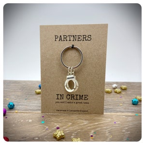 Partners In Crime Keyring Card, Handcuff Keychain, Personalised Best Friend Keyring Bag Charm, Partners In Crime Gift, Handmade Keyring Gift