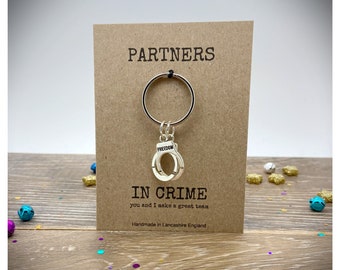 Partners In Crime Keyring Card, Handcuff Keychain, Personalised Best Friend Keyring Bag Charm, Partners In Crime Gift, Handmade Keyring Gift