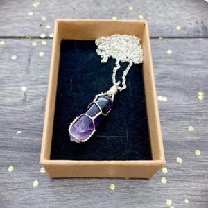 Amethyst Long Pendant Necklace, Security & Protection Jewellery, Wire Wrapped Gemstone, Women&#39;s Crystal Necklace In Gift Box
