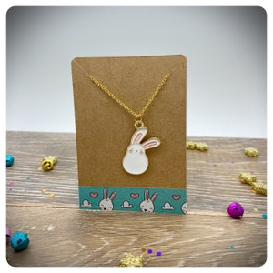 Cute Bunny Necklace, Kawaii Rabbit Necklace, Gold Plated Chain, Enamel Bunny Charm Pendant, Easter Gift