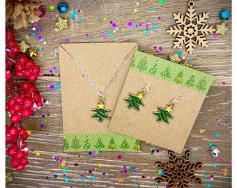 Christmas Tree Necklace & Earrings Set, Novelty Christmas Jewellery Set, Stocking Filler Jewellery, Small Stocking Filler Gifts