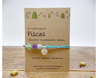 Pisces Zodiac Crystal Bracelet, Horoscope Gift, Astrology Birthstone Anklet, Personalised Star Sign Gift