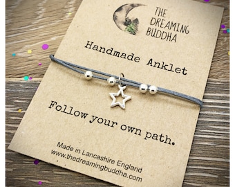 Adjustable Cord Anklet, Beaded Star Ankle Bracelet, Beach Jewellery, Festival Accessory