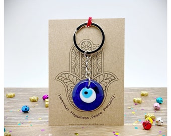 Glass Evil Eye Keyring, Hamsa Hand Card Gift, Personalised Mati Keychain, Nazar Present For Protection