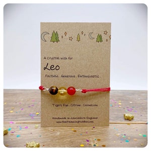 Bracciale di cristallo Leo Zodiac, regalo oroscopo, cavigliera astrologia Birthstone, regalo segno zodiacale personalizzato, biglietto di compleanno Leo personalizzato