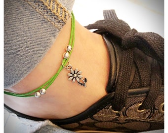 Beaded Flower Charm Anklet, Floral Ankle Bracelet, Festival Boho Anklet, Adjustable Cord Anklet