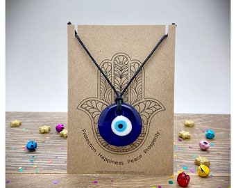 Glass Evil Eye Necklace, Turkish Blue Eye Pendant, Adjustable Long Eye Necklace, Nazar Protection Amulet, Hamsa Hand Gift, Eye Jewellery