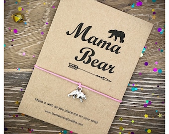 Mama Bear Wish Bracelet Card, Mothers Day Card, Gift For Mum, Bear Charm Wishlet