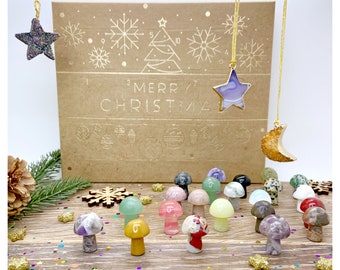 Crystal Mushroom Advent Calendar, Vegan Crystal Christmas Gift, Mushroom Lover Gift Set, Unique 12 Day Crystal Gemstone Christmas Countdown