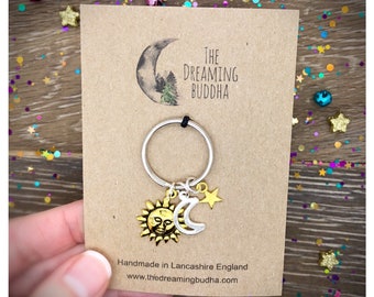 Sun Moon Stars Keyring, Celestial Keychain, 80s Lover Key Ring, You Are The Moon The Sun & All Of My Stars, Birthday Keyring