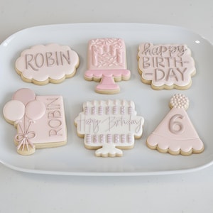 Pode incluir: Uma travessa branca com seis biscoitos de a&ccedil;&uacute;car decorados. Os biscoitos t&ecirc;m a forma de uma nuvem, bolo, chap&eacute;u de festa e ret&acirc;ngulos, com as palavras "Robin" e "Happy Birthday" em cinza. Os biscoitos s&atilde;o decorados em rosa e branco.