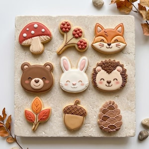 Forest Animal Cookie Cutters Set, Woodland Cookie Cutters, Fox Bear Bunny Lion Hedgehog Mushroom Acorn Pine Cone, Fall Baby Shower
