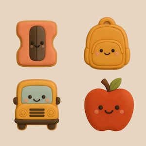 May include: Four school-themed illustrations: a pencil sharpener, a backpack, a school bus, and an apple. Each item has a smiling face and is rendered in a warm color palette of orange, yellow, and red, with brown and green accents.