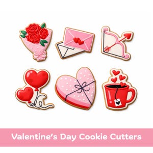 Valentine’s Day Cookie Cutter Set 1 | Hearts, Roses, Love Letter & Cupid Bow | Romantic Sugar Cookie Cutters | Baking Gift