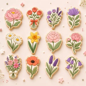 May include: A collection of twelve flower-shaped cookies with detailed icing. The cookies feature various floral designs, including roses, lavender, and daisies, in shades of pink, purple, yellow, and white, with green leaves. Each cookie has a light brown, baked appearance.