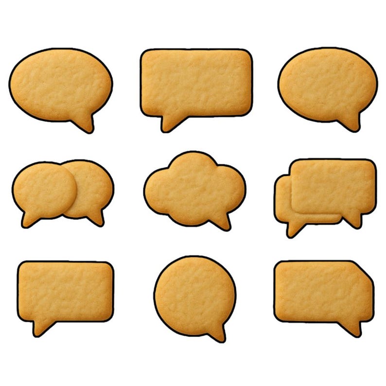K&ouml;nnte beinhalten: Neun goldbraune Kekse in Sprechblasenformen mit schwarzen Umrissen. Die Kekse umfassen ovale, rechteckige, Wolken- und Doppelblasen-Designs, ideal f&uuml;r eine Veranstaltung oder ein Geschenk zum Thema Konversation.