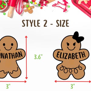 sizing chart,boy and girl gingerbread cookie set that has names on both, the girl has Elizabeth, the boy one has Jonathan