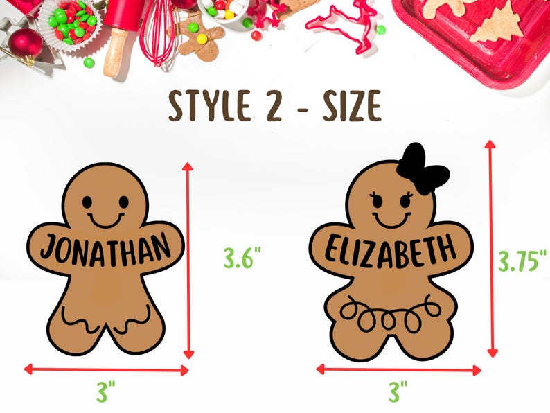 sizing chart,boy and girl gingerbread cookie set that has names on both, the girl has Elizabeth, the boy one has Jonathan