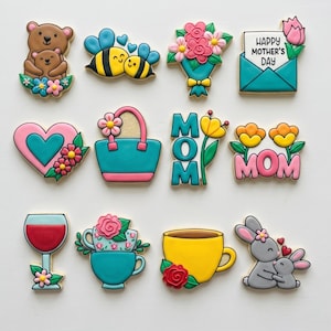 Mothers Day Cookie Cutter Set : wine, purse, bees, coffee cup, heart flowers, envelope, mom flowers, bears, bunnies, tea cups, bouquet
