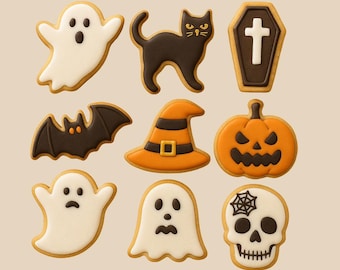 Halloween Themed Cookie Cutters : Ghost, Bat, Skull, Pumpkin, Witch Hat, Cat, Coffin