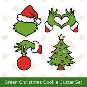 May include: A set of four green Christmas cookie cutters with black outlines. The set includes a Grinch face, hands forming a heart, a hand holding a red ornament, and a decorated Christmas tree. The text "Green Christmas Cookie Cutter Set" is at the bottom.