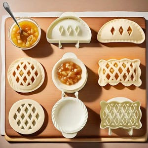 May include: A wooden cutting board displays a variety of pie-making tools and finished pies. The tools include a pie crust crimper, lattice cutter, and pie filling. The finished pies have lattice and diamond-shaped cutouts.