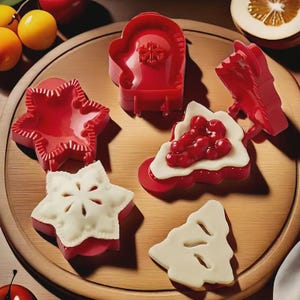 May include: Red Christmas-themed cookie cutters in mitten, star, and tree shapes. One star-shaped cookie cutter has a snowflake design. Two cookies are filled with white frosting and red cherries. The cutters are on a wooden surface.