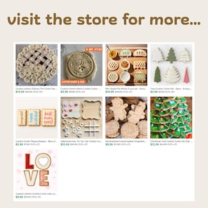 May include: A collection of cookie cutters in various shapes, including a pie, Christmas trees, and gingerbread people. The image also features cookie cutter plaques with text that says "congrats!", "happy birthday!", and "best mom ever!"