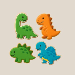 May include: Four dinosaur-shaped cookies with smiling faces. The cookies are green, orange, and blue with white icing outlines. The green dinosaur has a long neck, the orange one has a spiky back, and the blue one has a fin.