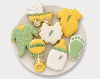 Baby Shower Cookie Cutter Set (yellow & green theme) : Stroller, Onesie, Rattle, Footprint, Sleeper