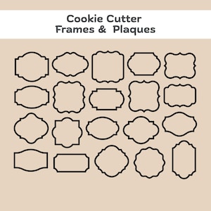 May include: A collection of black cookie cutter frames and plaques in various shapes, including rectangles, ovals, and ornate designs. The image features the text "Cookie Cutter Frames & Plaques" at the top, set against a neutral background.