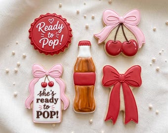 Ready to Pop Baby Shower Cookie Cutter Set | soda bottle, bottle cap, sherry with bow, bowtie with stamp option