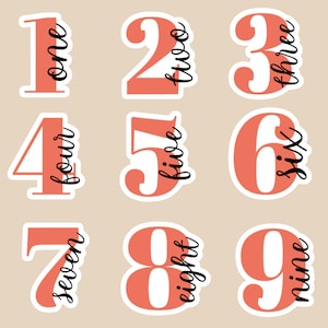Könnte beinhalten: Neun korallenfarbene Zahlenaufkleber mit weißen Umrissen und schwarzem Schreibschrifttext. Die Zahlen eins bis neun werden angezeigt, jede mit ihrem entsprechenden Wort. Die Aufkleber sind auf einem beigefarbenen Hintergrund angeordnet.