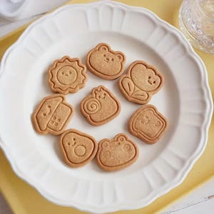 May include: A white plate holds eight small, light brown cookies. Each cookie is shaped and decorated to resemble a different animal or object, including a bear, a lion, a snail, a flower, a piece of toast, a frog, a piece of cheese, and an avocado.