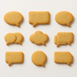 May include: Nine golden-brown, speech bubble-shaped cookies arranged on a white surface. The cookies vary in shape, including round, rectangular, and cloud-like designs, all with a small tail indicating speech. The cookies are baked with a slightly textured surface.