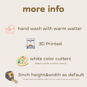 May include: A beige graphic with the text "more info" at the top. The image includes icons and text describing product features: hand wash, 3D printed, white color cutters, and a default size of 3 inches.