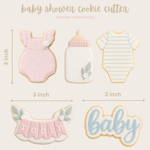 sizing for baby shower cookie cutter set; pomper, feeding bottle, onesie, baby text, plaque, set of 5