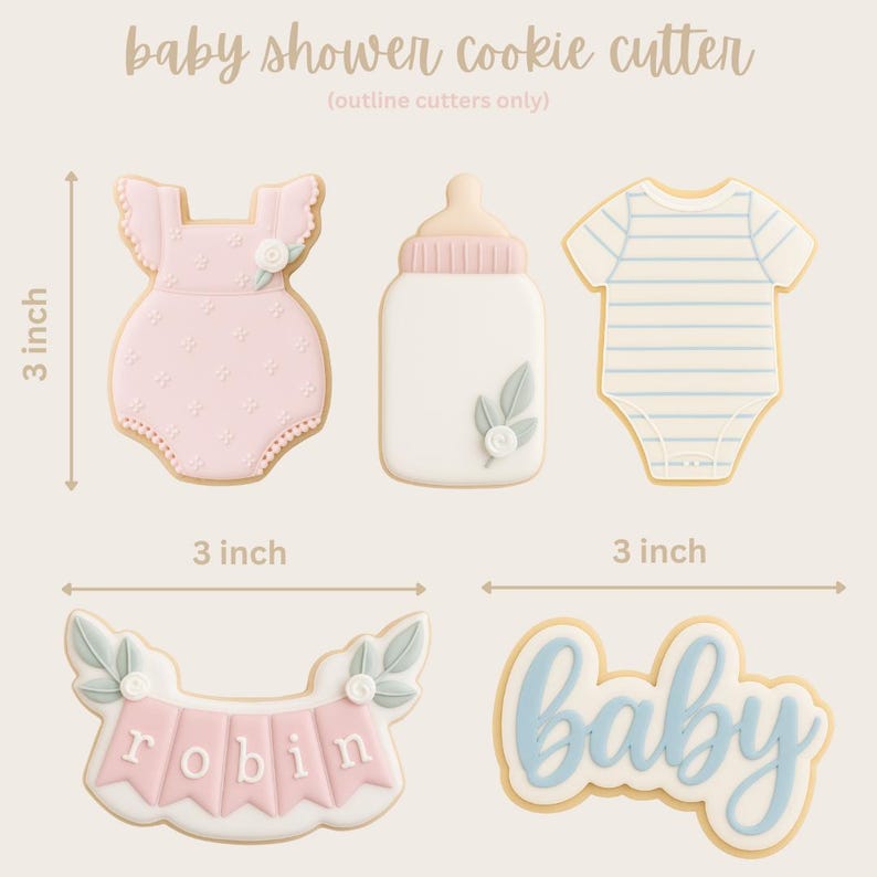 sizing for baby shower cookie cutter set; pomper, feeding bottle, onesie, baby text, plaque, set of 5