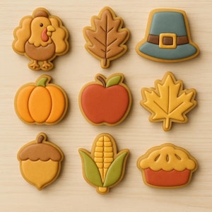 May include: Nine fall-themed cookies in various shapes, including a turkey, leaf, pilgrim hat, pumpkin, apple, acorn, corn, and pie. The cookies are decorated with brown, orange, yellow, red, and green icing, and are arranged on a light-colored surface.