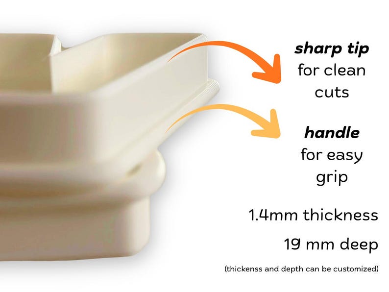 May include: A white plastic cookie cutter featuring a sharp tip for clean cuts and a handle for easy grip. The product has a 1.4mm thickness and is 19 mm deep. Text on the image indicates that thickness and depth can be customized.