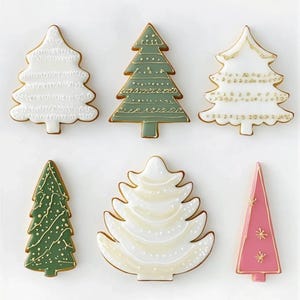 May include: Six Christmas tree-shaped cookies decorated with white, green, and pink icing and gold accents.