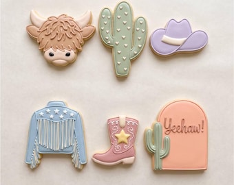 Cortadores de galletas de vaquero/vaquera, vaca de las Tierras Altas, cactus, bota, sombrero, chaqueta, letrero, salvaje oeste, juego de galletas de cumpleaños de rodeo