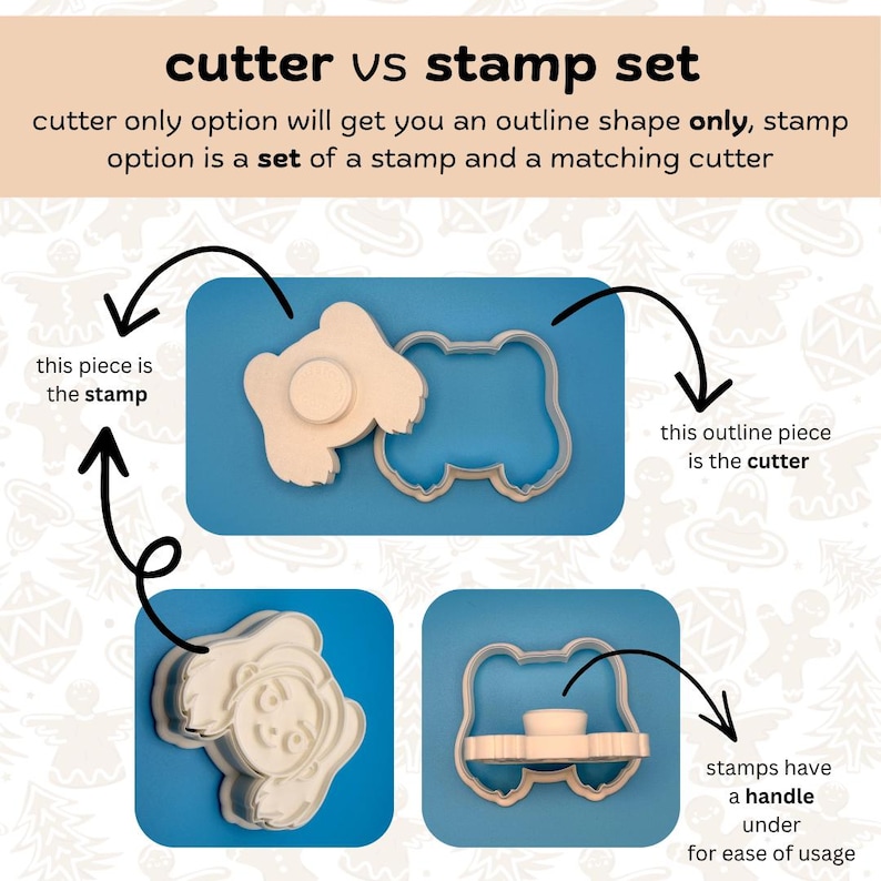 Puede incluir: Una imagen que compara un cortador de galletas y un juego de sellos. El texto dice "cutter vs stamp set". El cortador proporciona una forma de contorno, mientras que el juego de sellos incluye un sello y un cortador a juego. El sello tiene un asa para facilitar su uso.