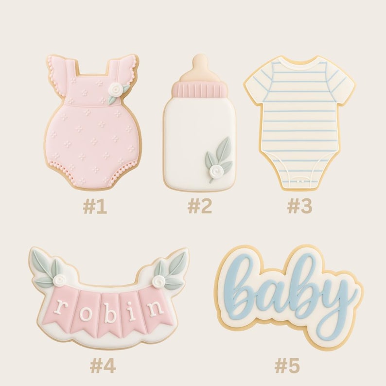 options for baby shower cookie cutter set; pomper, feeding bottle, onesie, baby text, plaque, set of 5