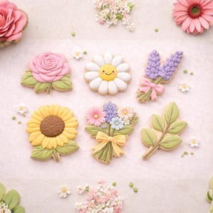 Peut inclure: Assortiment de biscuits au sucre décorés en forme de fleurs et de feuilles. Les biscuits comprennent une rose rose, une marguerite souriante, un tournesol, un bouquet, de la lavande et une branche de feuilles. Les biscuits sont décorés de couleurs pastel.