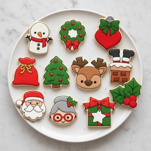 May include: A white plate displays a collection of Christmas-themed cookies. The cookies include a snowman, wreath, ornament, Santa's bag, Christmas tree, reindeer, Santa Claus, Mrs. Claus, a gift, and holly. Each cookie is decorated with colorful icing.