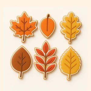 May include: Six fall-themed leaf-shaped cookies with white icing outlines. The cookies feature various shades of orange, yellow, and brown, with detailed vein patterns. The cookies are arranged on a light beige background, evoking an autumn theme.