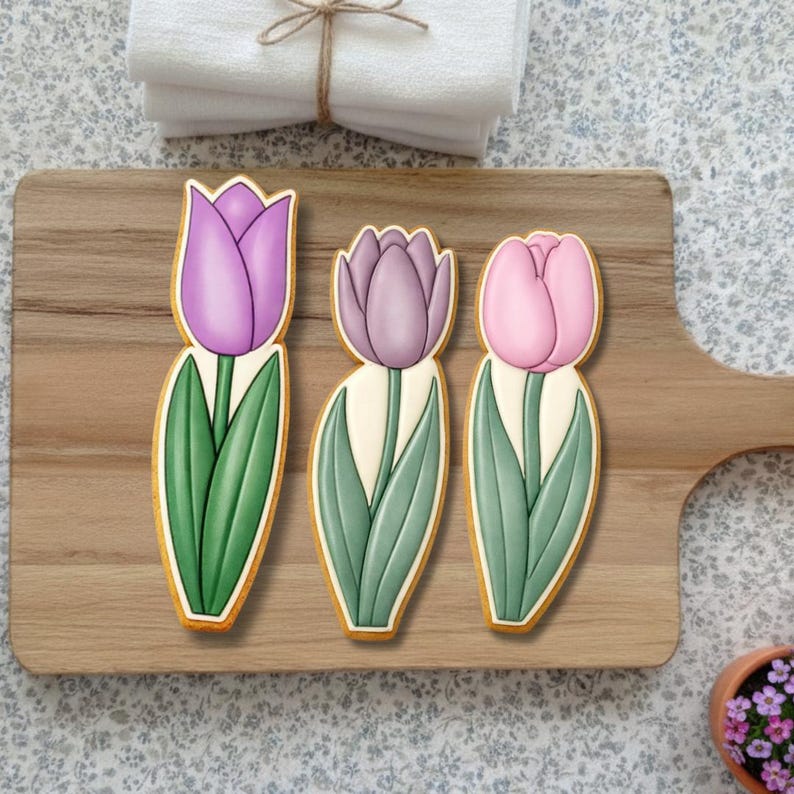 May include: Three tulip-shaped cookies with purple, lavender, and pink petals, green leaves, and a light-colored stem. The cookies are on a wooden cutting board. A stack of white towels and a small pot of flowers are in the background.