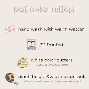 cookie cutter info from store owner for how to care, colors, measurements etc