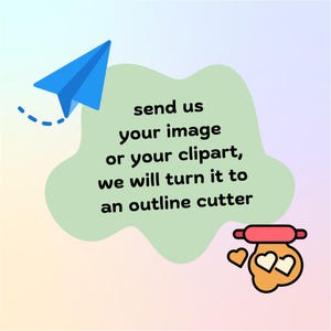 Puede incluir: Imagen de un avi&oacute;n de papel azul con un rastro punteado, acompa&ntilde;ada del texto: "env&iacute;anos tu imagen o tu clipart, lo convertiremos en un cortador de contornos". Tambi&eacute;n se muestra un rodillo y un cortador de galletas en forma de coraz&oacute;n.